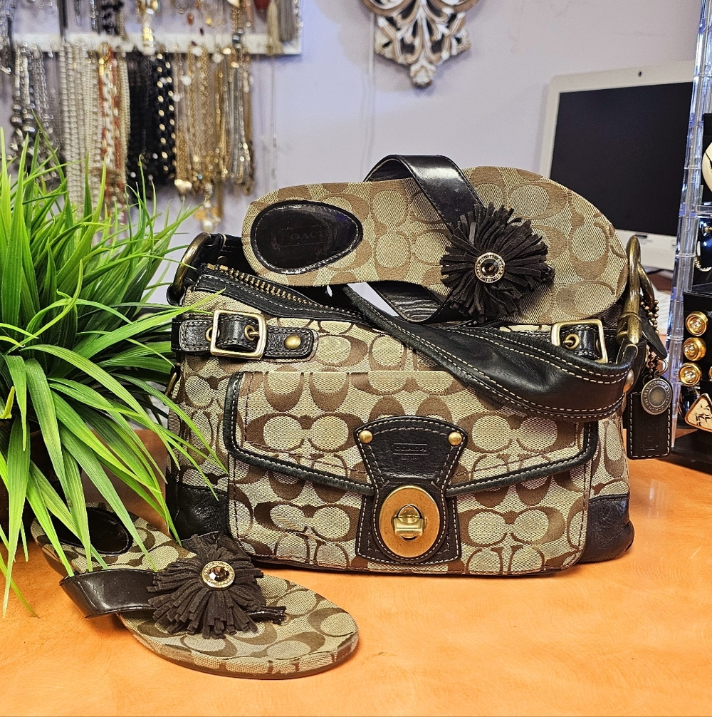 Coach Tan and Black Signature Legacy Shoulder Bag